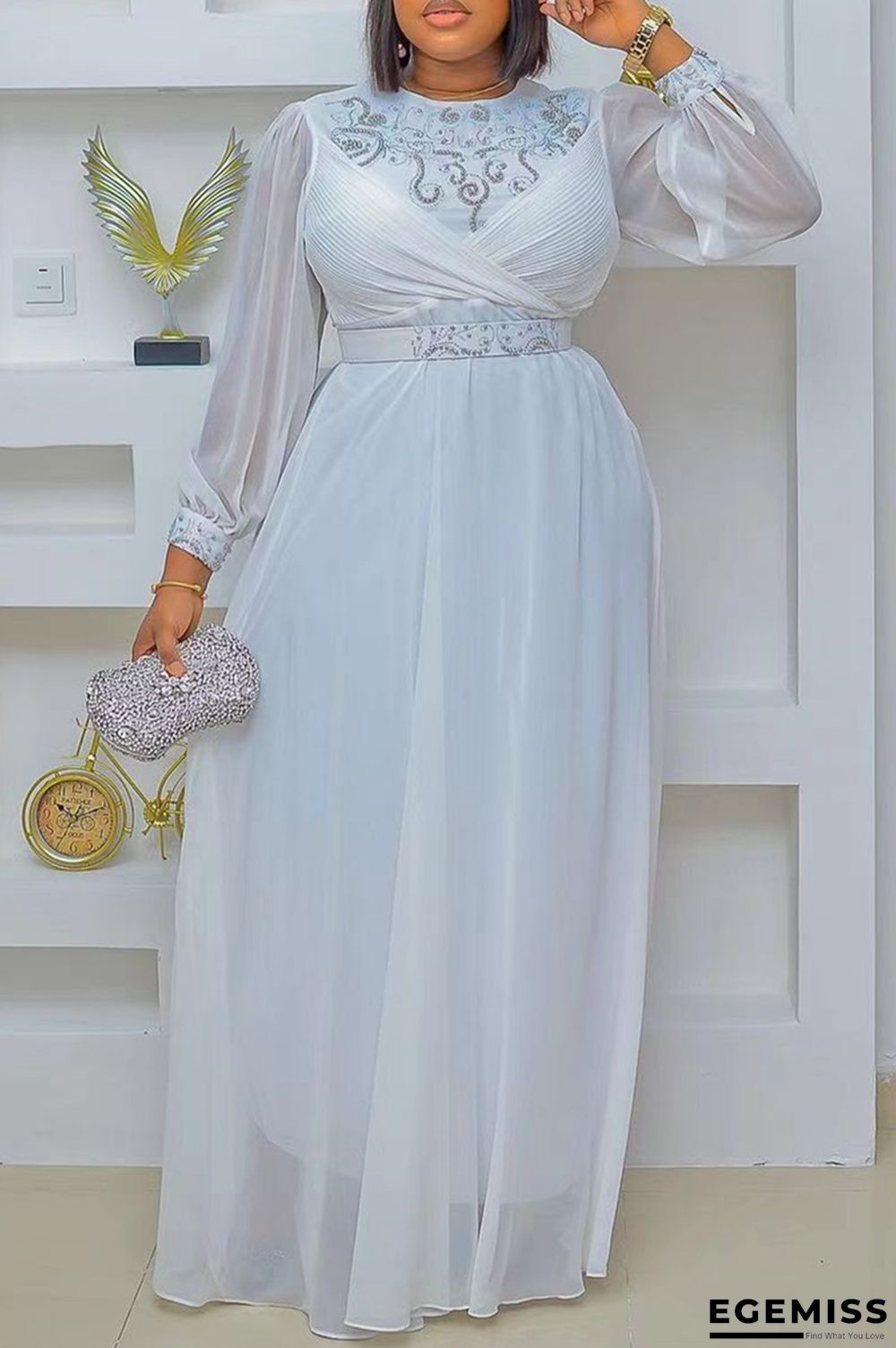 White Casual Patchwork Hot Drill O Neck Long Sleeve Plus Size Dresses | EGEMISS