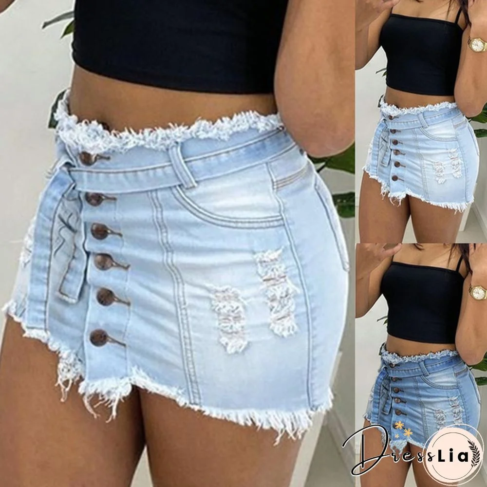 New Retro Women's Short Skirt Burr Hole Denim Skirt Denim Short Skirt Button Package Hip Short Skirt