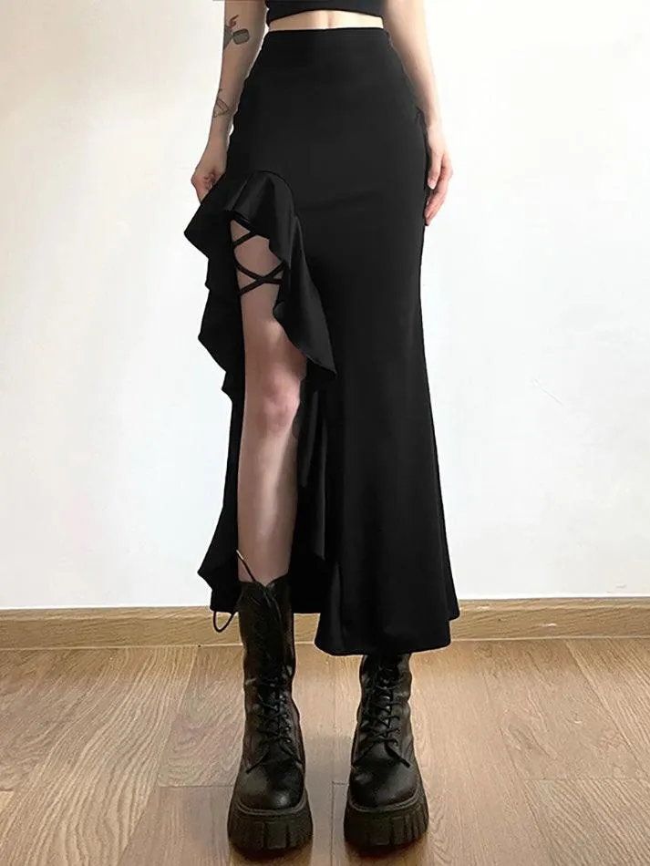 Brownm High Waist Irregular Split Goth Skirt