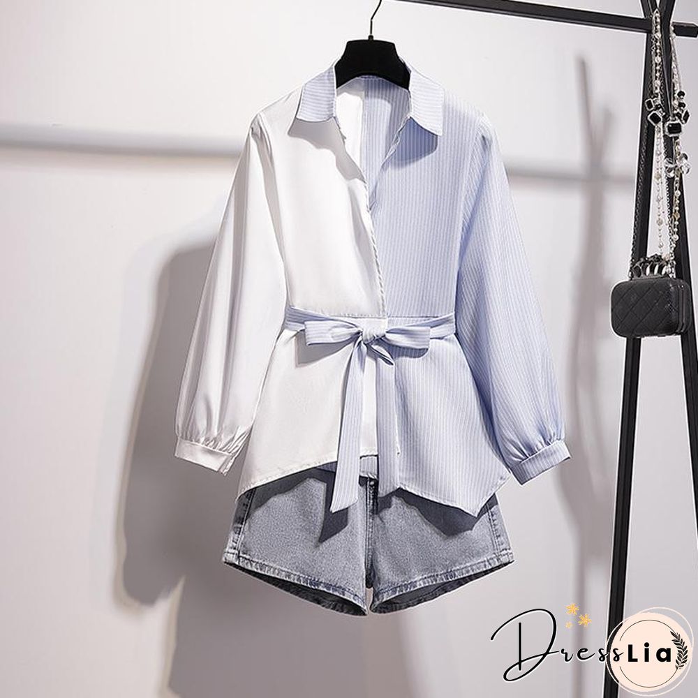 Fashion Patchwork Blouse+Denim Shorts P11619