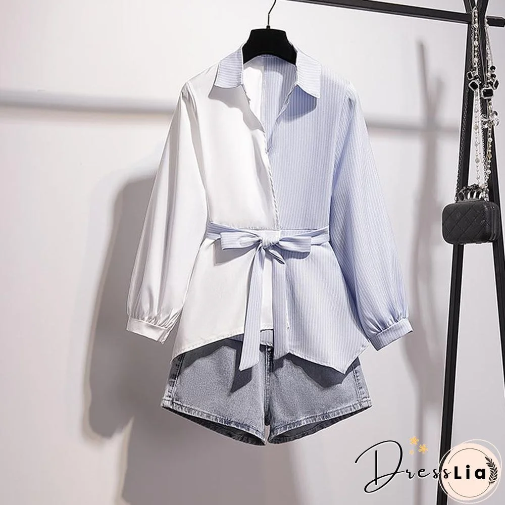 Fashion Patchwork Blouse+Denim Shorts P11619