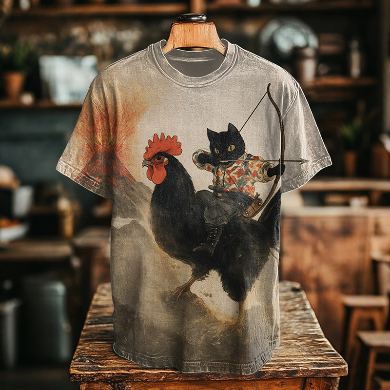 Men's Retro Black Cat Archer And Chicken Print Casual T-shirt  artssus