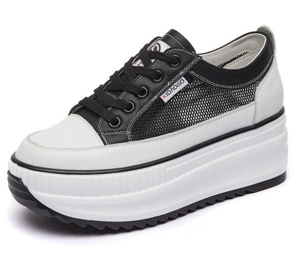 Fujin Genuine Leather 8cm Dad Shoes Chunky Sneakers Platform Heel Wedge Air Mesh Summer Shoes Vulcanized White Sneakers 2021