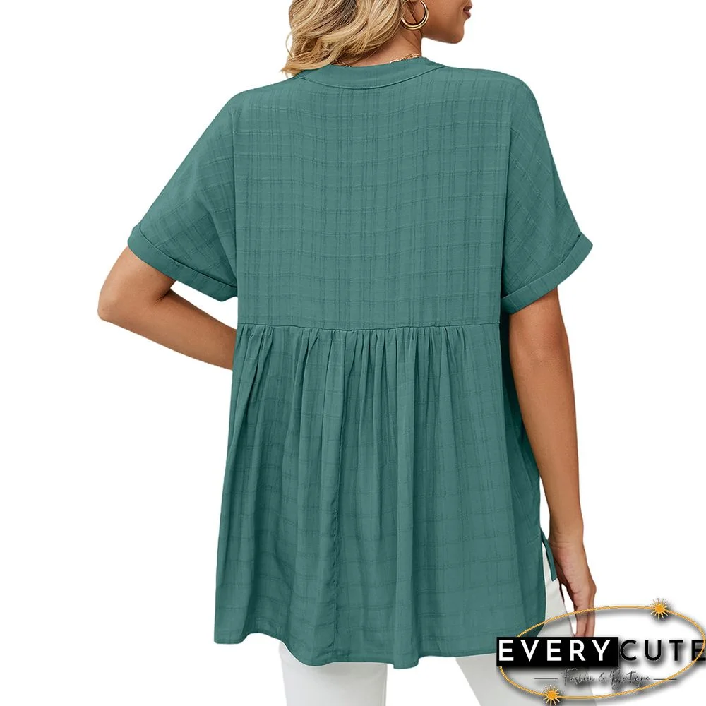 Green V Neckline Woven Pullover Tops