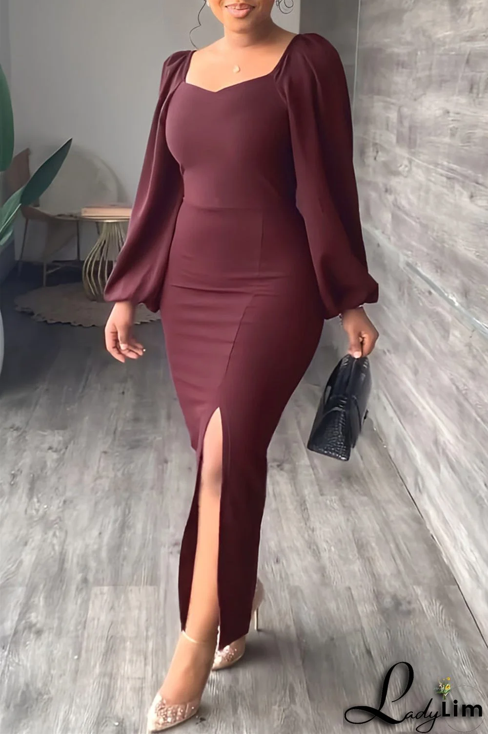 Burgundy Fashion Casual Solid Slit Square Collar Long Sleeve Dresses