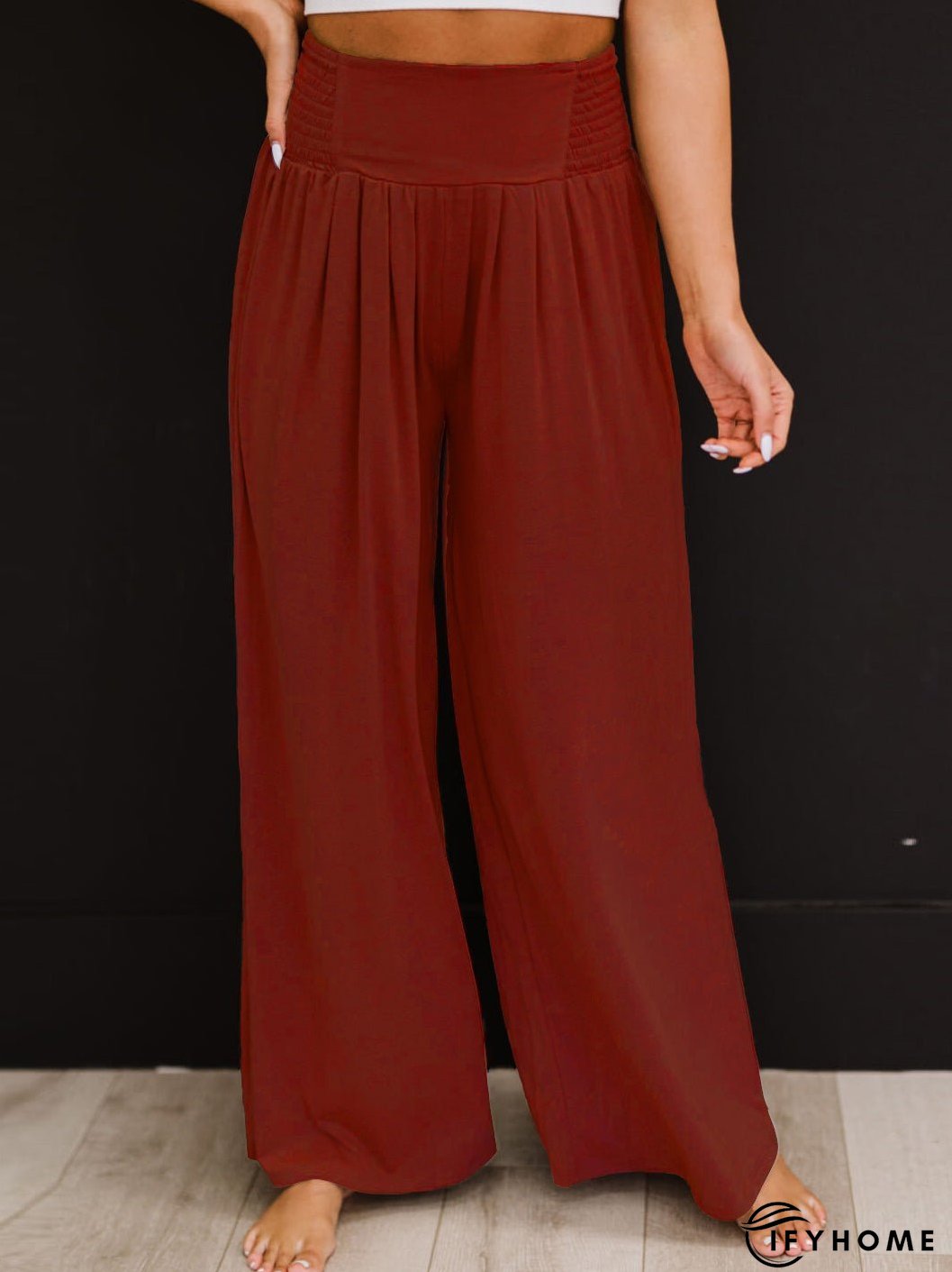 Women's Pants Casual Solid Elastic High Waist Wide Leg Pants | IFYHOME