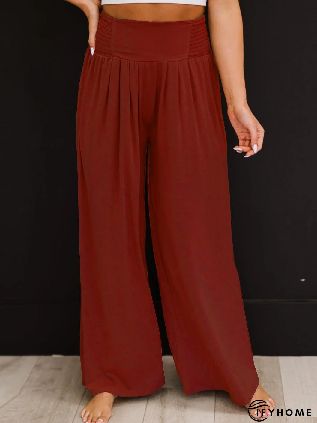 Women's Pants Casual Solid Elastic High Waist Wide Leg Pants | IFYHOME