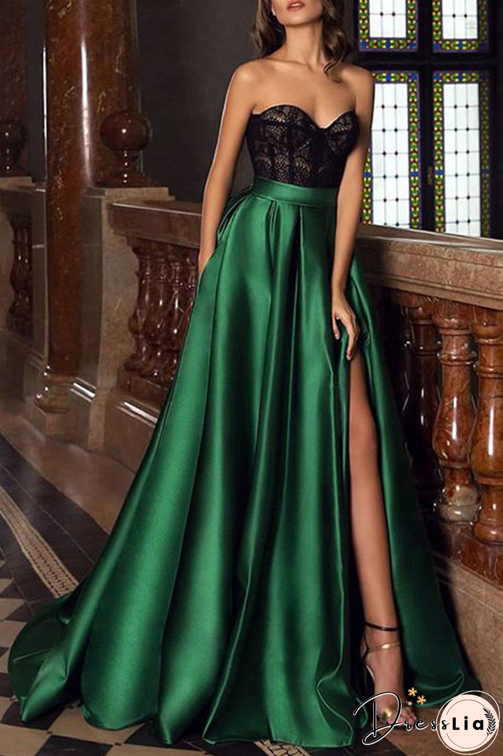Lace Solid Color Split Evening Dress