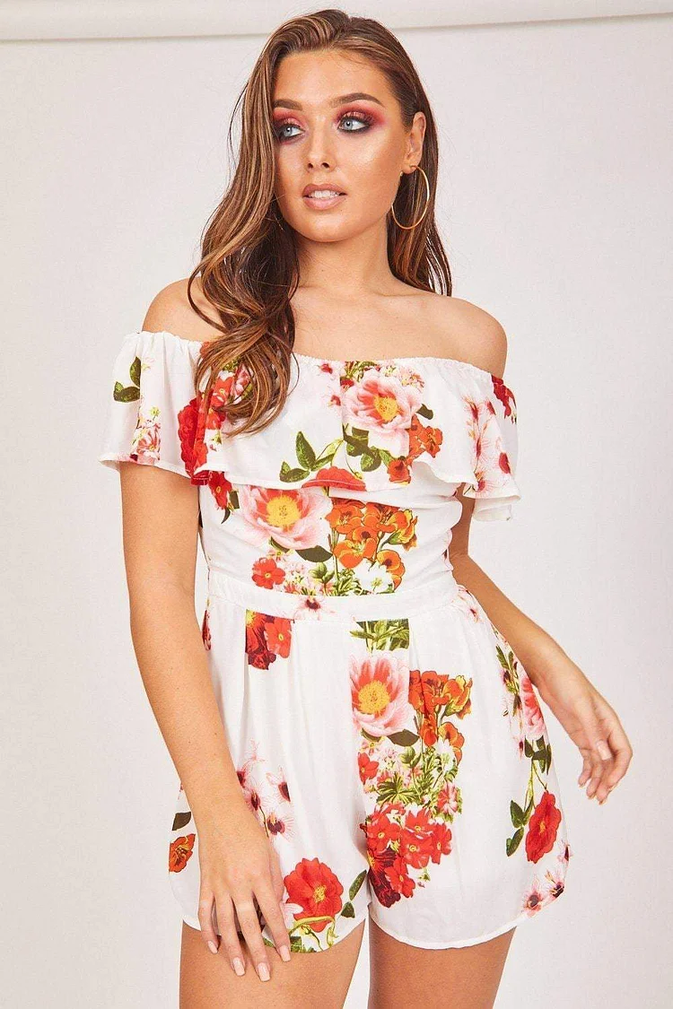 White Floral Print Bardot Playsuit Katch Me
