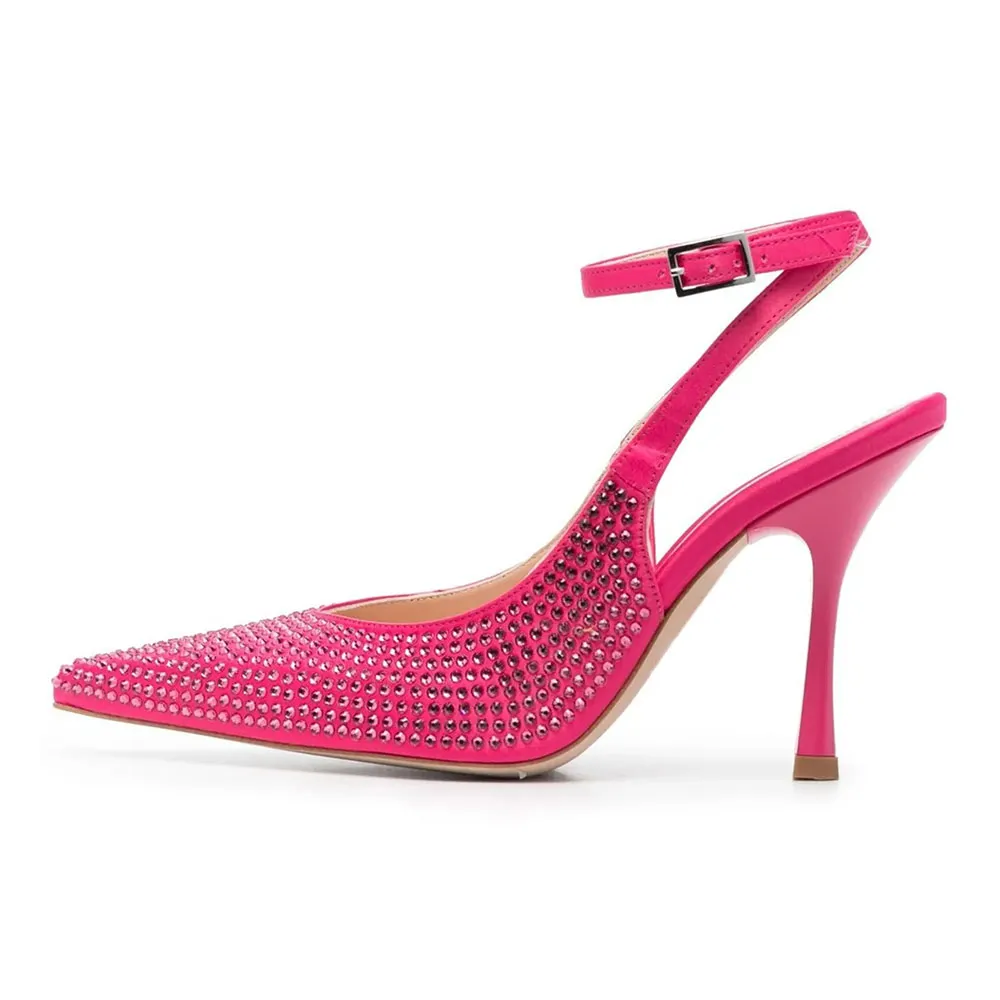 Hot Pink Satin Pointed Toe All-Over Rhinestone Ankle Strap Pumps Heels
