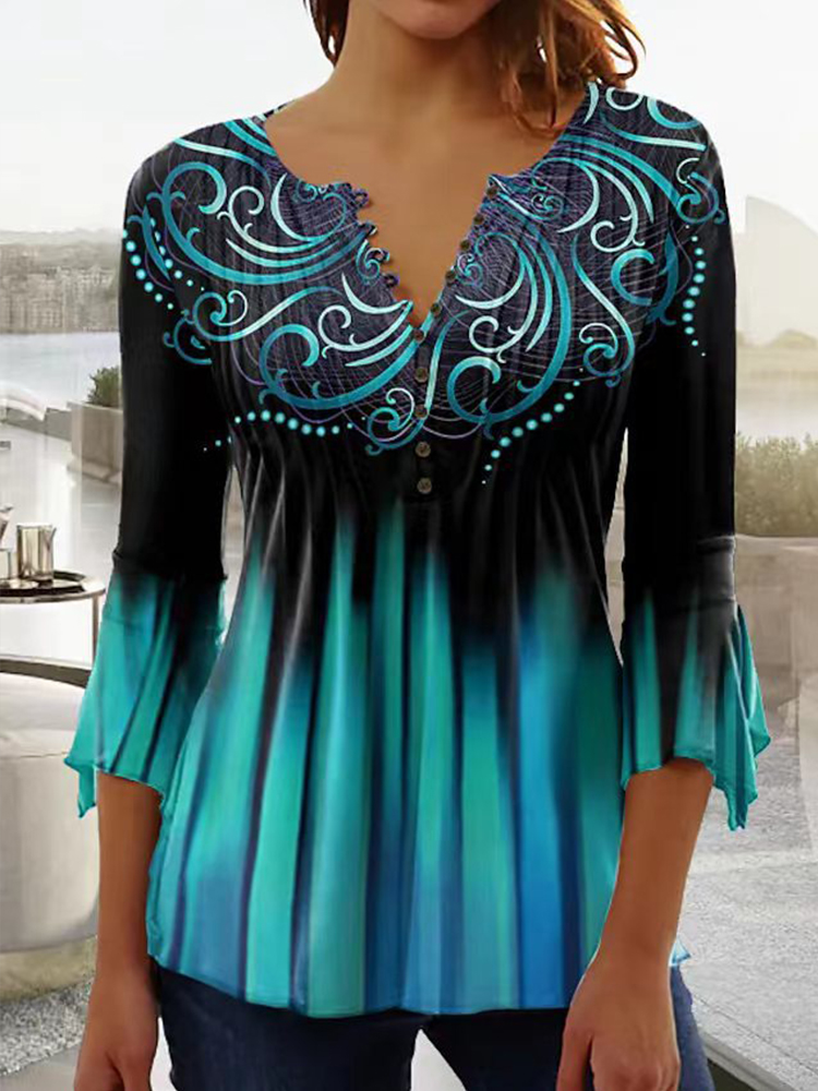 Brightly Colored Graphic Print 3/4 Sleeve T Shirt  artssus