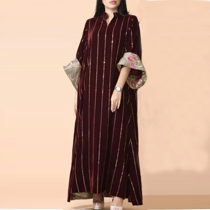 Casual Long Stand Collar Print Jalabiya Dress