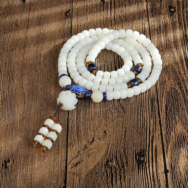 White Bodhi Seed Mala 108  Beads Wealth Bracelet Necklace