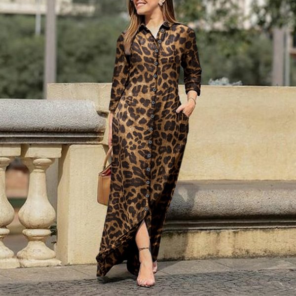 VONDA 3 Colors Women Casual Leopard Print Long Maxi Dresses Vintage Long Sleeve Button Up Lapel Collar Shirts Vestido Plus Size - Life is Beautiful for You - SheChoic