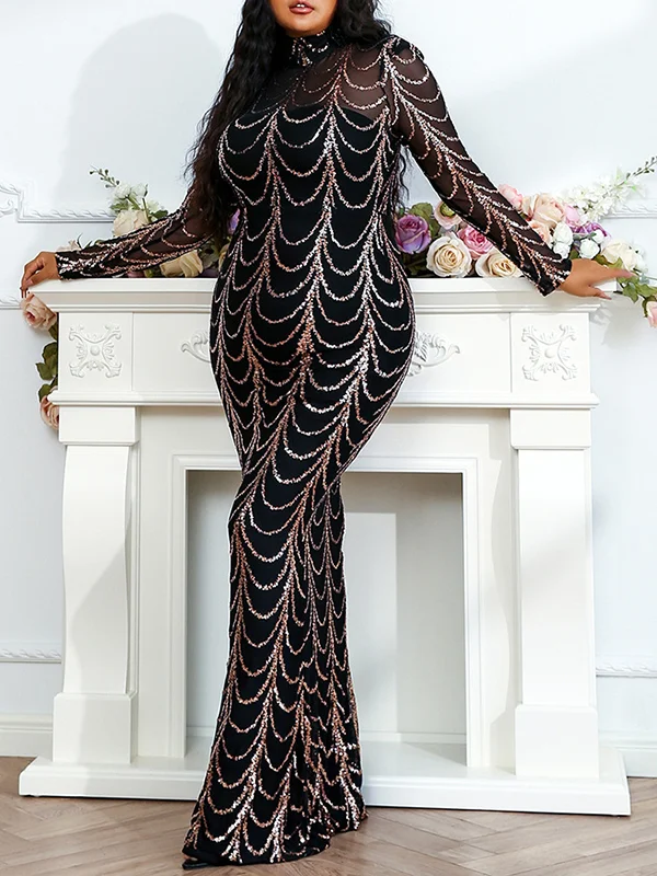 See-Through Sequined A-Line Long Sleeves High Neck Maxi Dresses