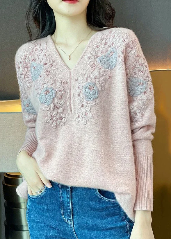 French V Neck Embroideried Patchwork Cotton Knit Sweaters Fall