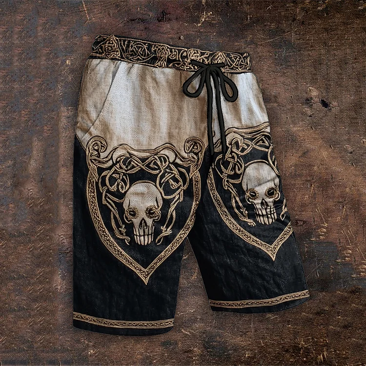 Men's Vintage Viking Skull Art Cotton And Linen Shorts