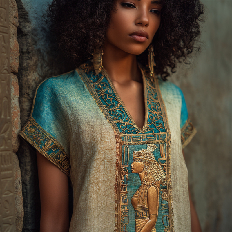 Comstylish Ancient Egyptian Godness Embroidered Gradient Linen Shirt