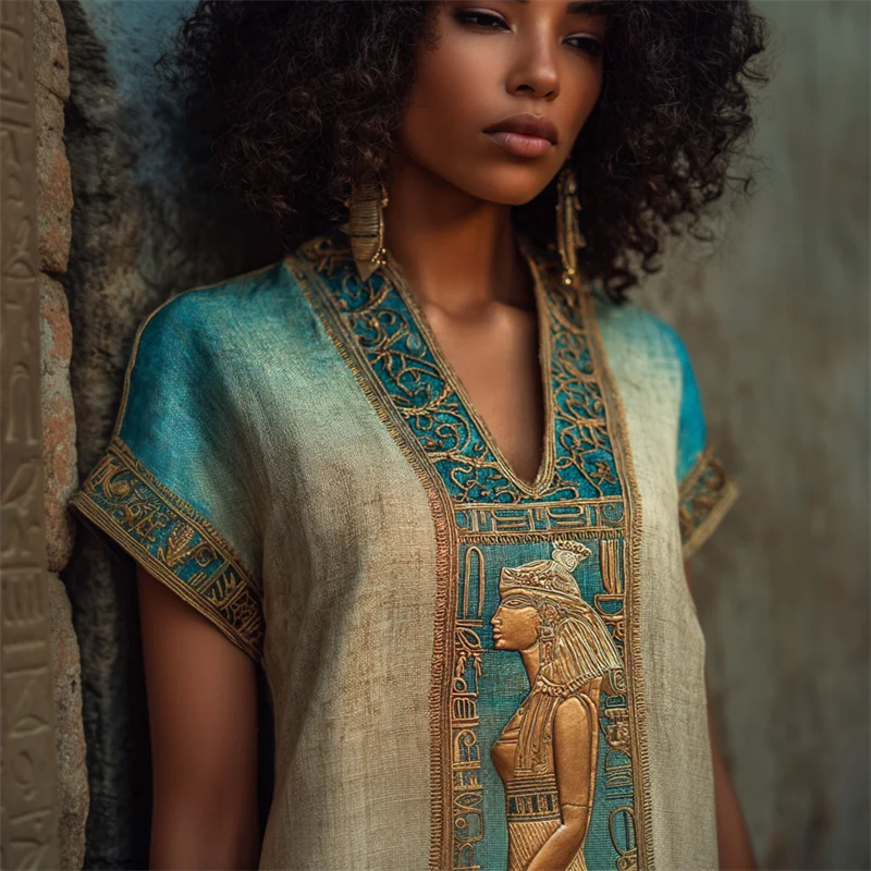 Ancient Egyptian Godness Embroidered Gradient Linen Shirt
