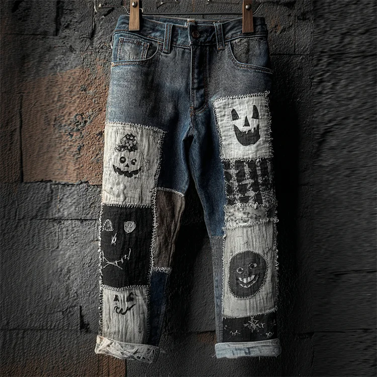 Halloween Spooky Faces Contrast Patchwork Washed Jeans