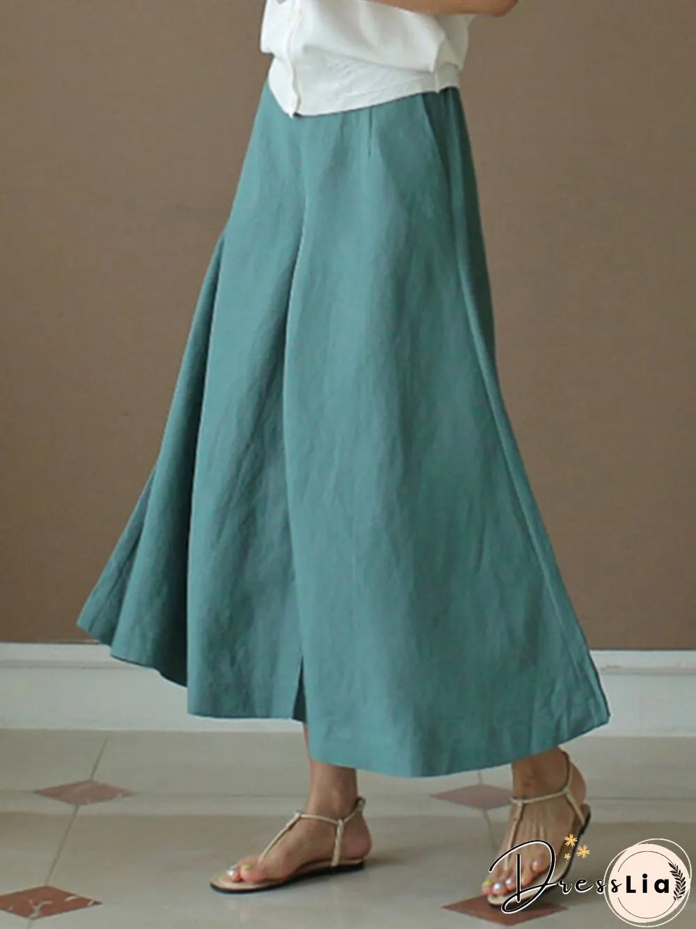 Solid A-line Pocket Loose Crop Wide Leg Pants