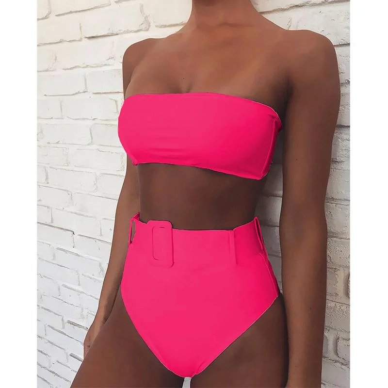 Freckange High Waist 2021 New Sexy Bikinis Set Swimwear Women Swimsuit Bandeau Green Swimming For Bathing Suit Woman Swimsuits
