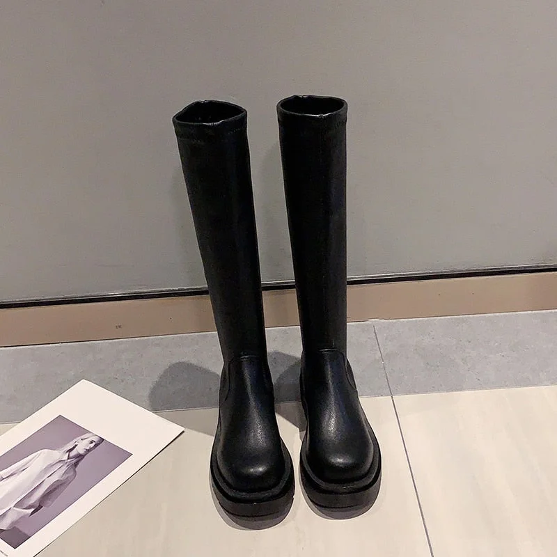 2021 Platform Knee High Boots Slip-on Block Heel Footwear Women Thick High Heels PU Leather Shoes Fashion Spring Female Boots