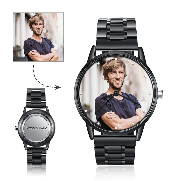 Reloj con 1 foto personalizada y 1 texto en la trasera