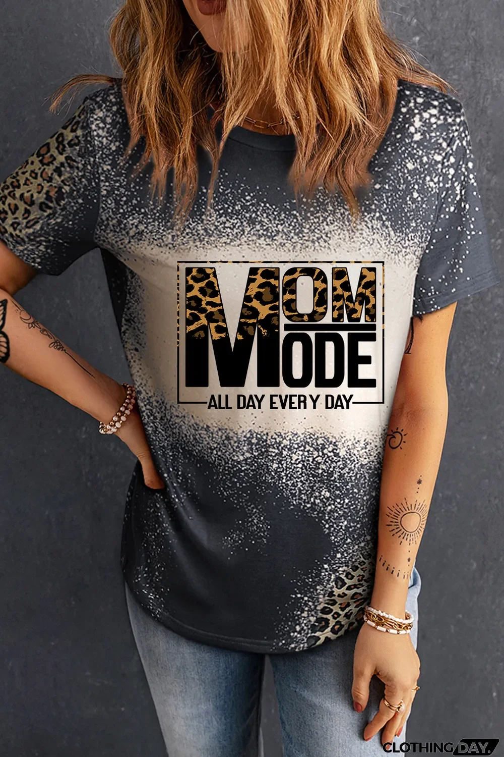 Gray MOM MODE Leopard Bleach Print Vintage Graphic Tee