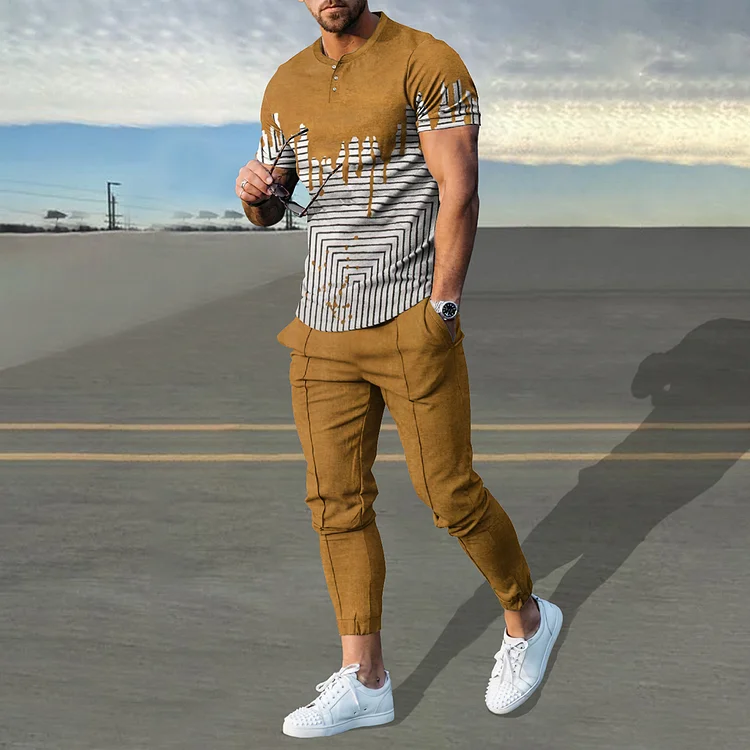 BrosWear Striped Contrast Khaki Henley Collar T-Shirt And Pants Co-Ord