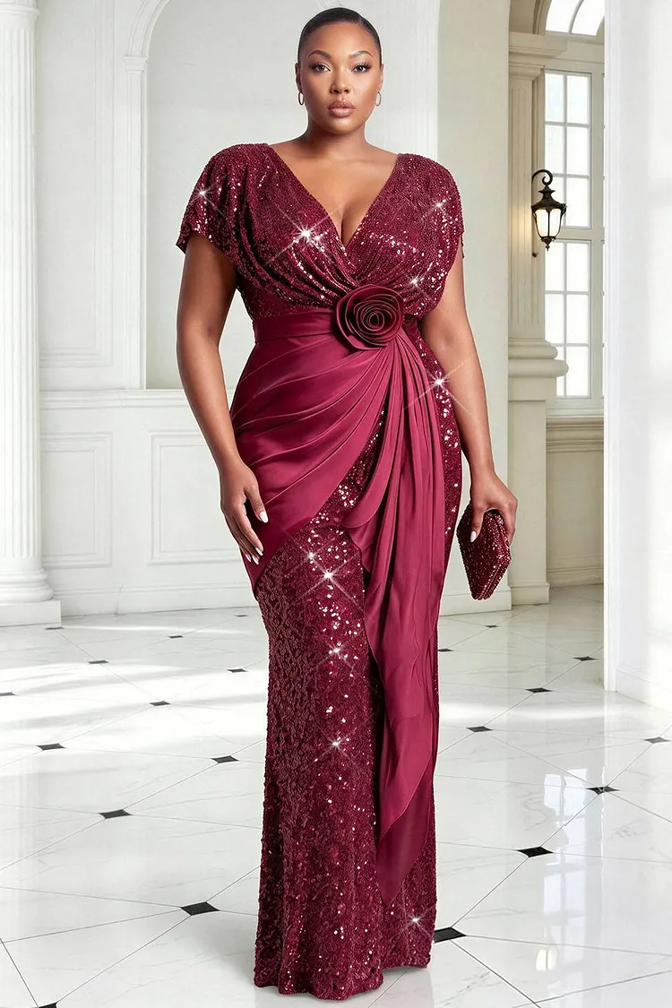 Xpluswear Design Plus Size Formal Satin Burgundy V Neck Short Sleeve 3D Contrast Sequin Maxi Dresses [Pre-Order] 2024 - Xpluswear