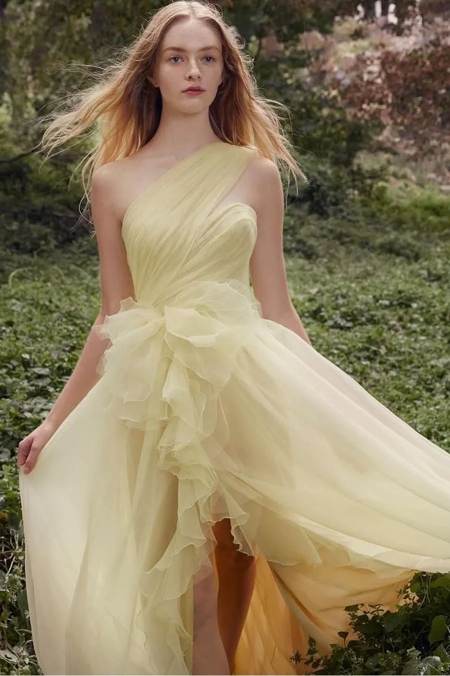 Miabel Charming Light Sage Tulle One Shoulder Sleeveless Long Ruffles Prom Dress with Split 
