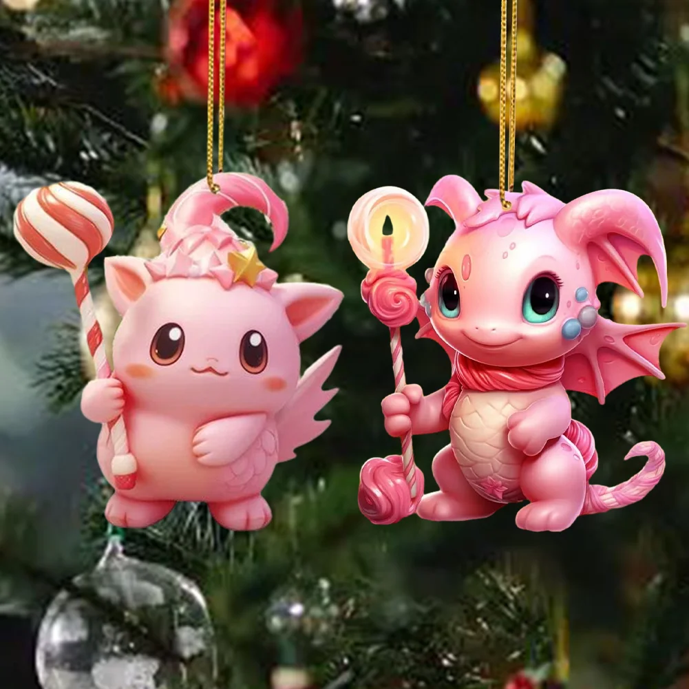 2 PCS Acrylic Pink Dinosaur 2D Flat Xmas Hanging Pendant New Year Birthday Gifts