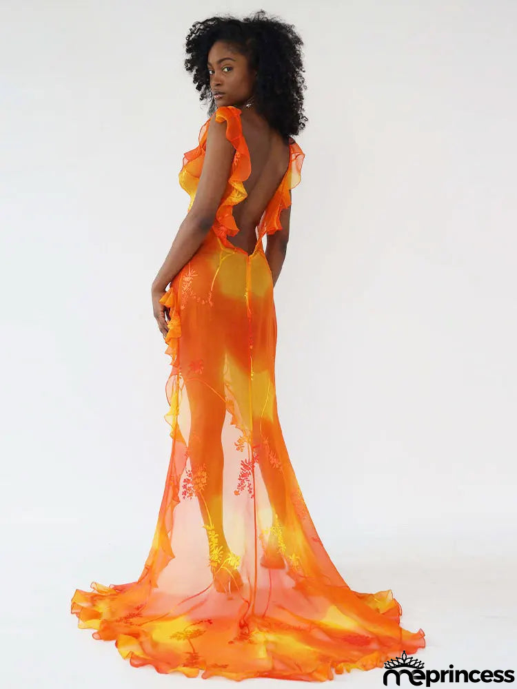 Women's Polyester V-Neck Short Sleeve Printed Pattern Maxi Dress