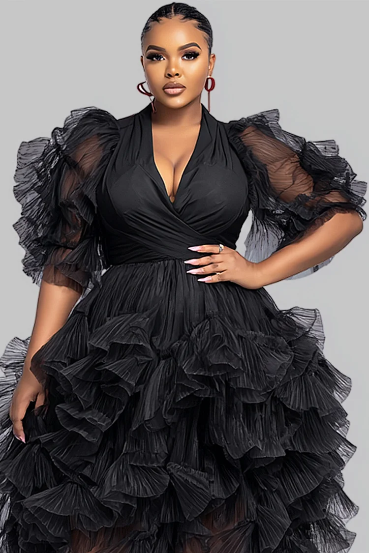 Xpluswear Design Plus Size Cocktail Party Black V Neck Puff Sleeve Short Sleeve Tiered Elegant Ruffle Tulle Midi Dresses [Pre-Order]