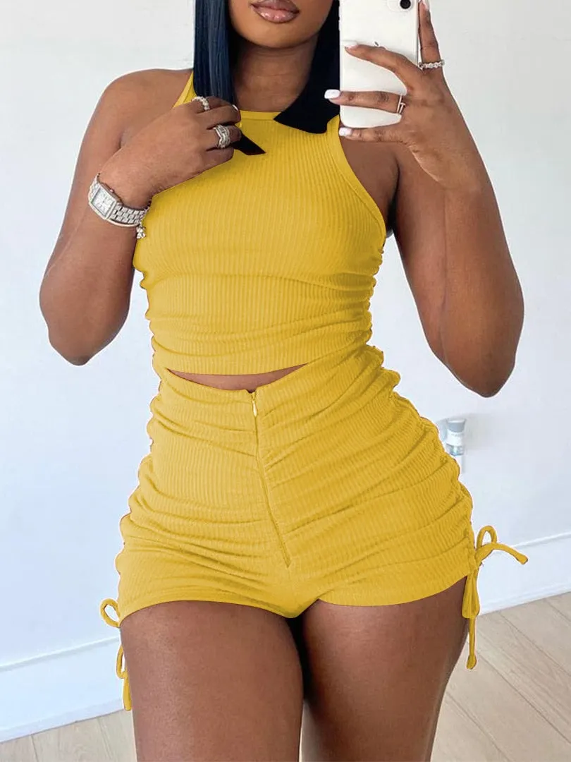 Women Summer Shorts Sets Casual Solid Color Two Pieces Ribbed Sports Suits Sleeveless Crop Tank Tops High Waist Zip Shorts