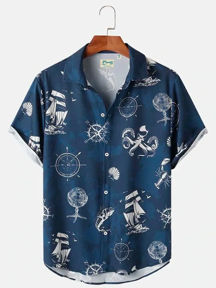 Men's Beach Vintage Casual Hawaiian Sea Animal Shirts Nautical Octopus Wrinkle Free Tops