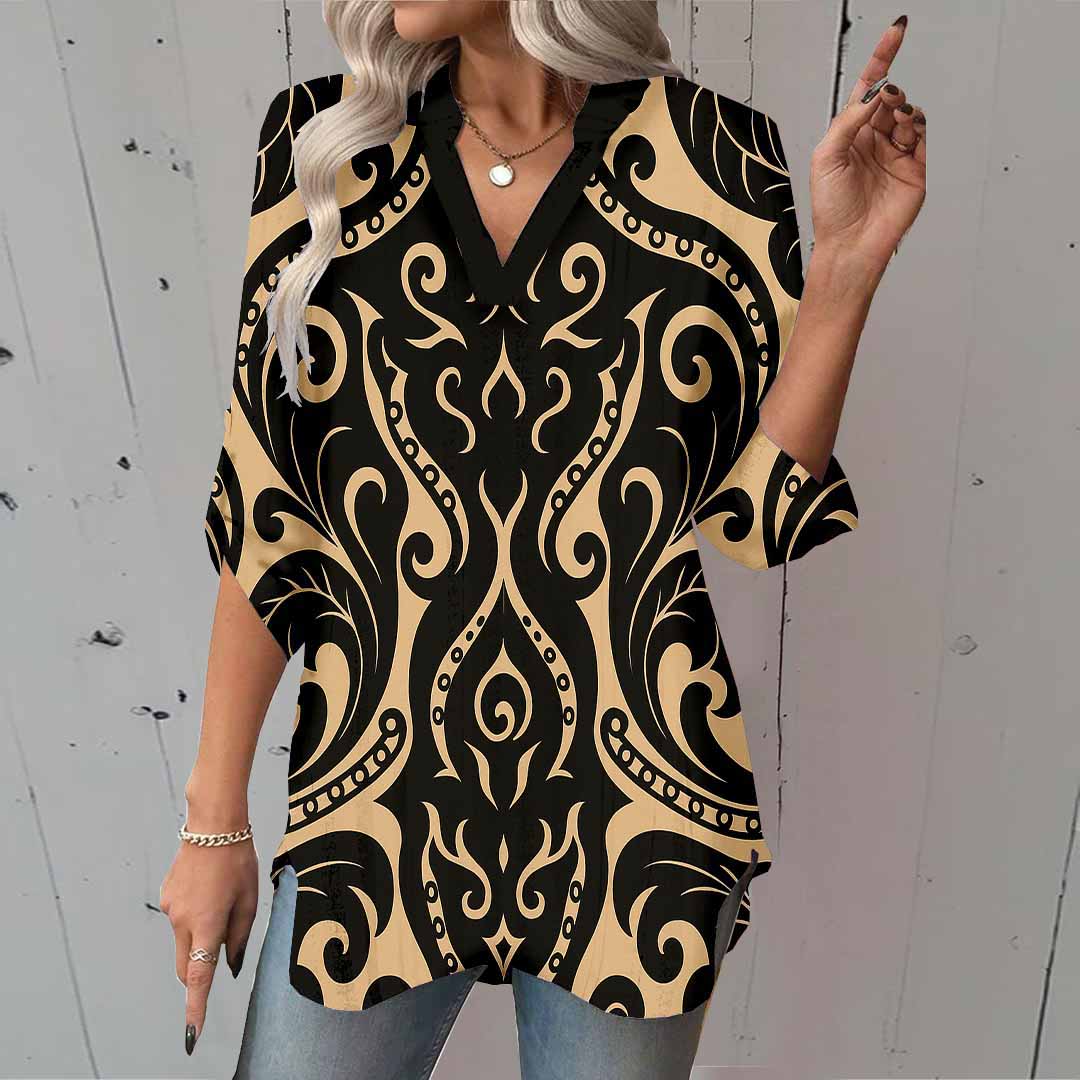 Women Perris, Black, Khaki DZGA0124 3/4 Sleeve V-neck Printed Graphic Button Tops