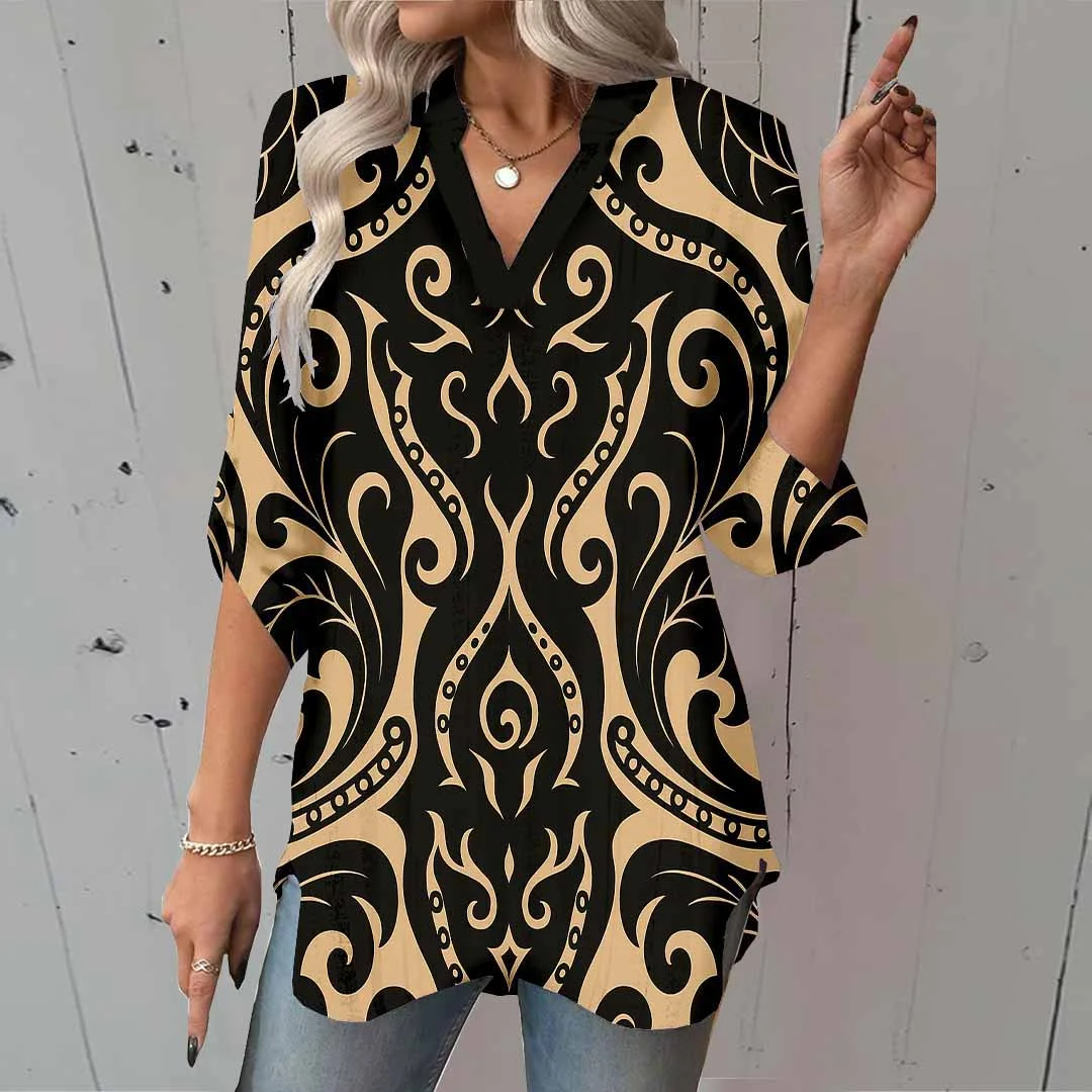 Women Perris, Black, Khaki DZGA0124 3/4 Sleeve V-neck Printed Graphic Button Tops