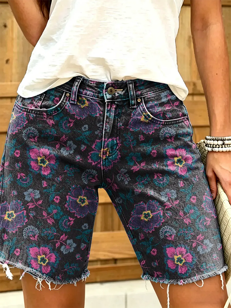 Women's Vintage Purple Floral Art Print Casual Washed Cotton Denim Shorts
