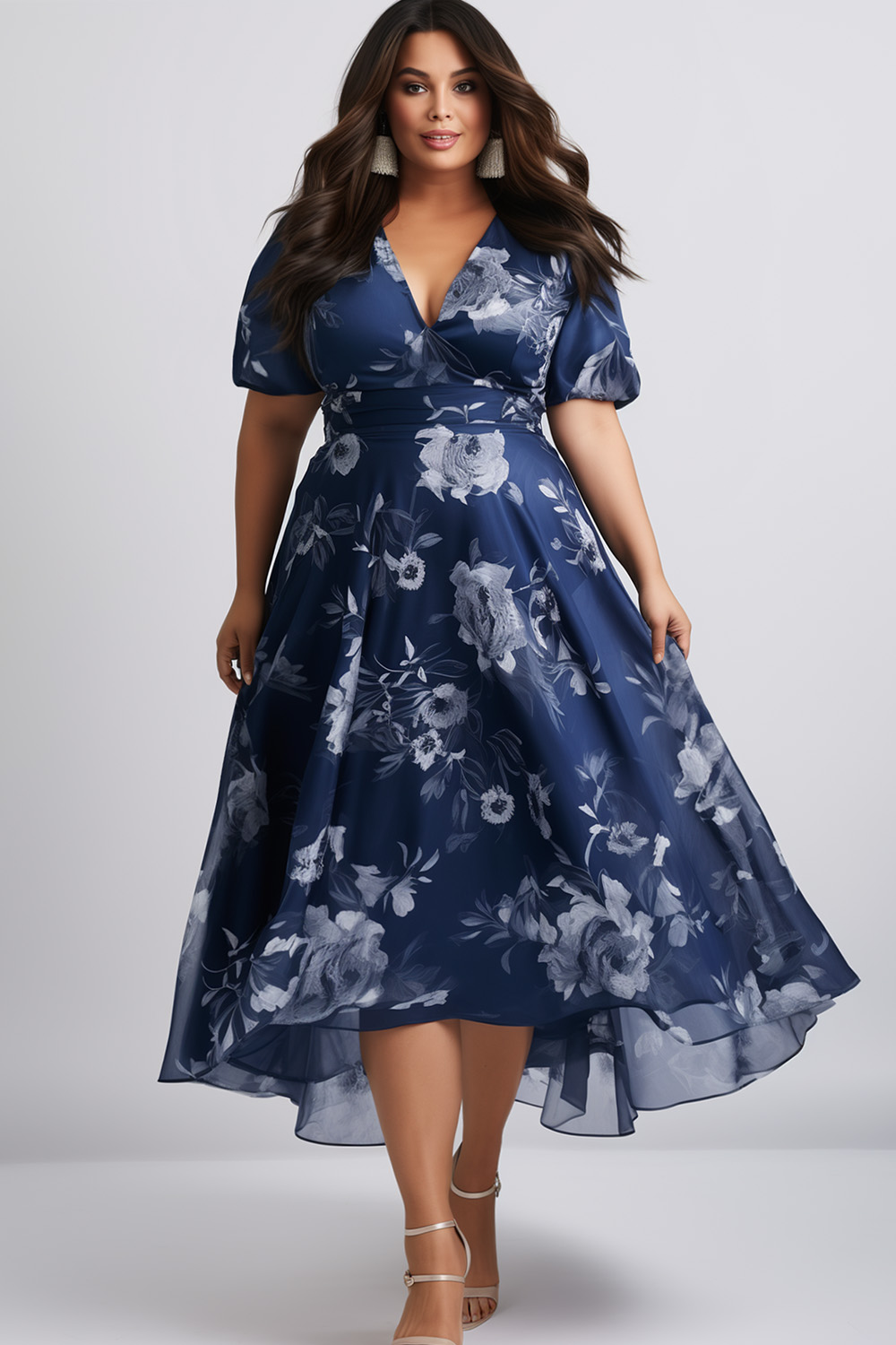 Flycurvy Plus Size Wedding Guest Navy Blue Chiffon Floral Print Puff Sleeve Tea-Length Dress