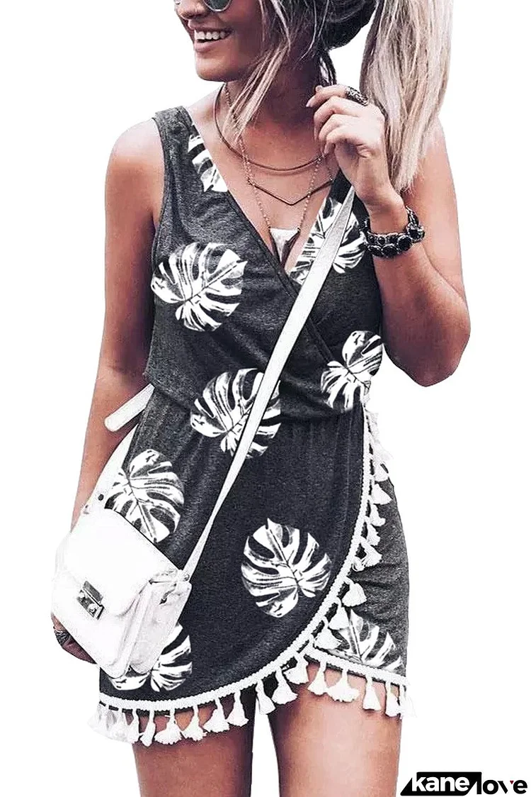 Palm Leaves Print Tassel Wrap V-Neck Mini Dress
