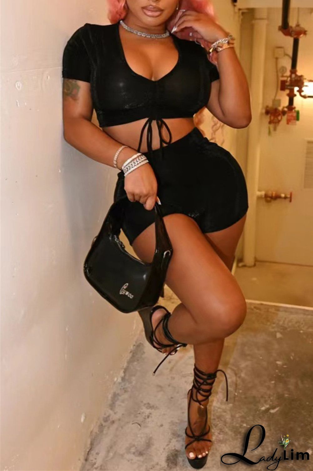 Purple Fashion Casual Solid Draw String Frenulum V Neck Short Sleeve Two Pieces