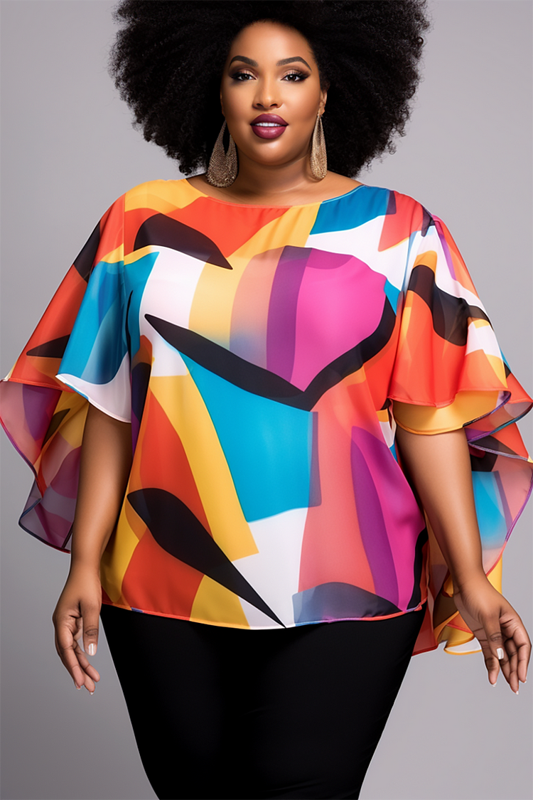 Xpluswear Design Plus Size Business Casual Multicolor Geometric Round Neck Petal Sleeve Half Sleeve Chiffon Tops