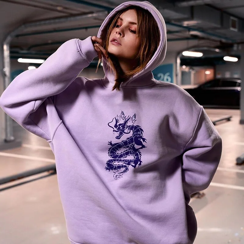 Dragon Printed Autumn Women's Sweatshirts Oversized Harajuku Hooded Pullovers Winter Loose Chinese Style Hoodies Cuteandpsycho