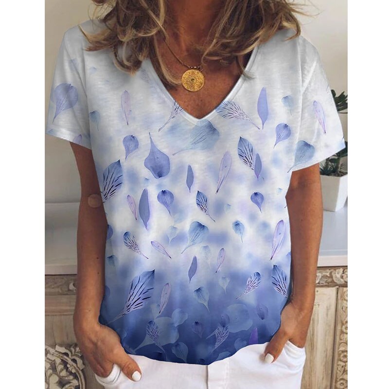 Summer Women's Print Casual Loose V-Neck T-Shirt