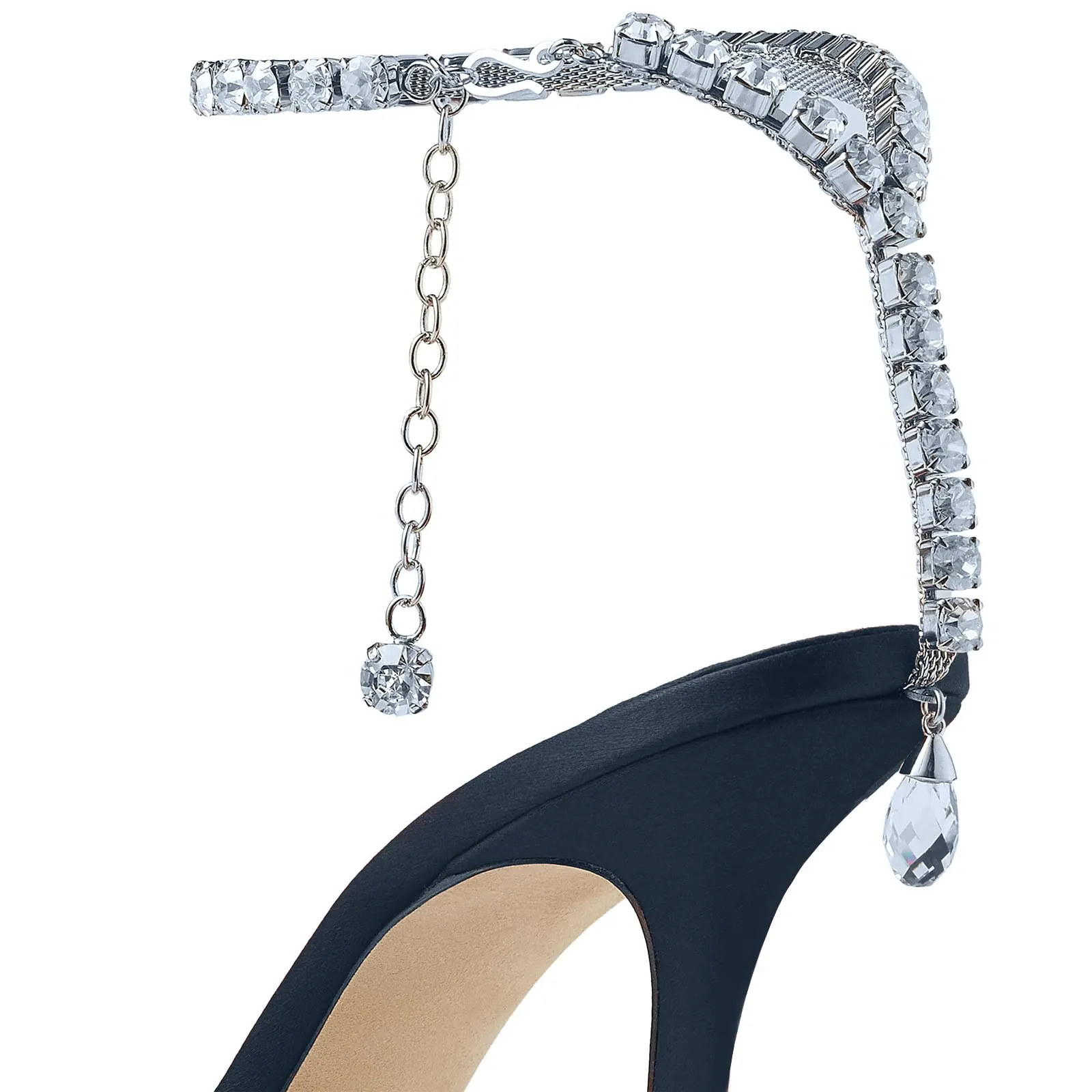 100mm Women's Sandals Crystal Chain Ankle Straps Rhinestones Buckle Heels Stiletto Satin Dress Shoes-vocosishoes