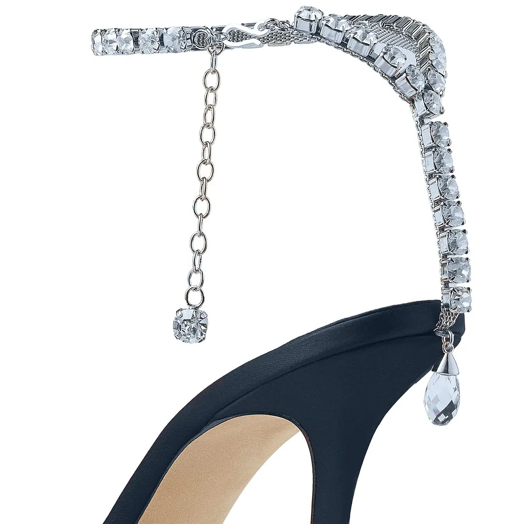100mm Women's Sandals Crystal Chain Ankle Straps Rhinestones Buckle Heels Stiletto Satin Dress Shoes-vocosishoes