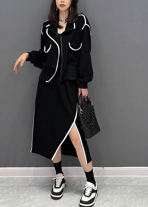 Classy Black Zip Up Side Open Cotton Two-Piece Set