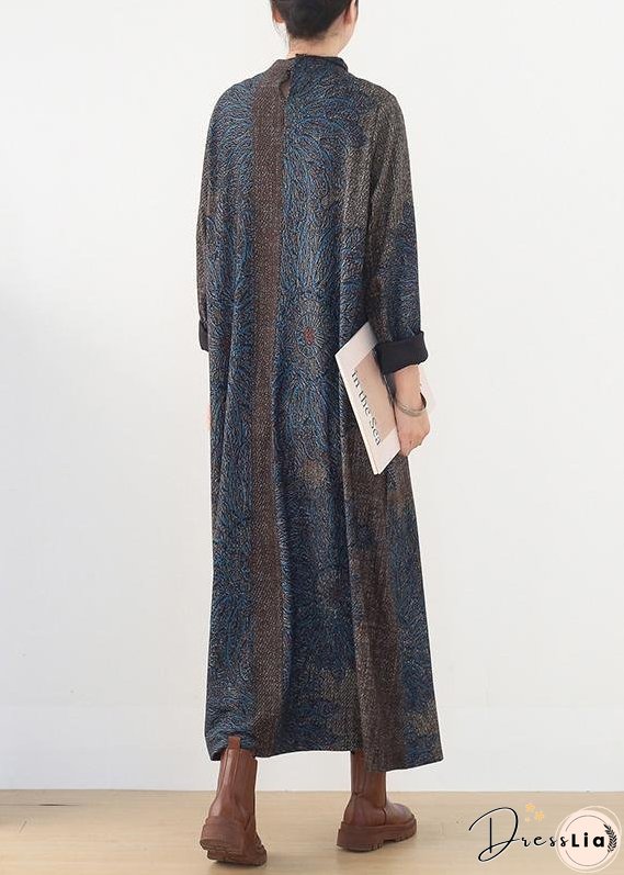 Winter Blue Prints Retro Loose Large Size Dress